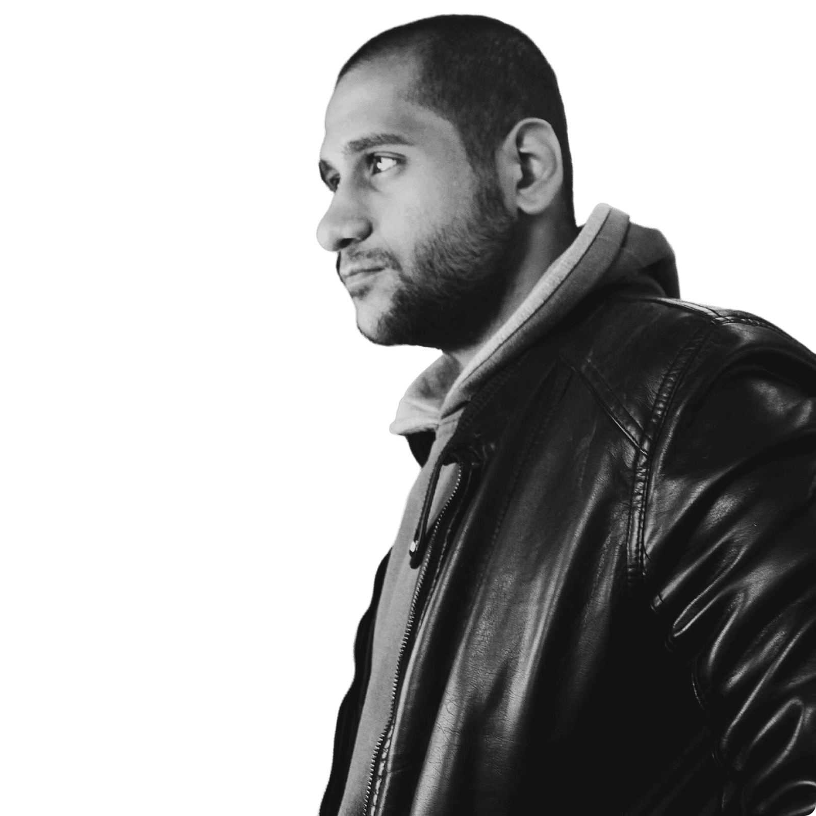 Black and white portrait of Mina Alber, product designer looking to the side in a leather jacket.